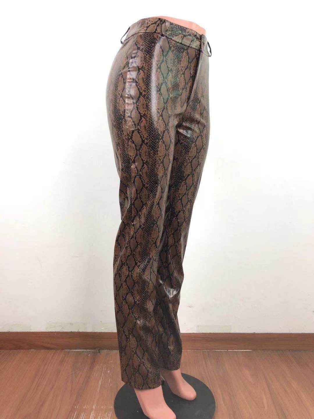 Printed Snake Print Stretch Leather Pants Women'S Wide-Leg Pants