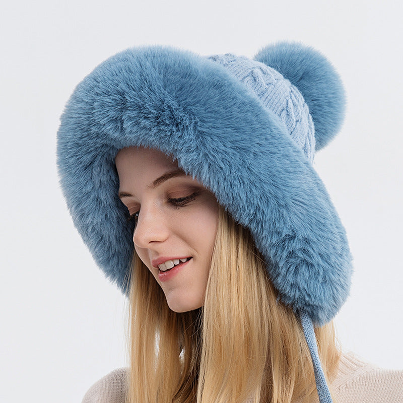 Three Fur Balls Outdoor Thickening And Fleece Cold Proof Warm Solid Color Knitted Hat