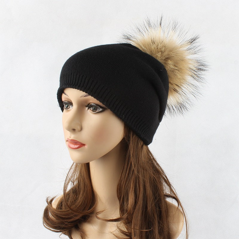 Raccoon Fur Ball Knitted Women's Solid Color Wool Pullover