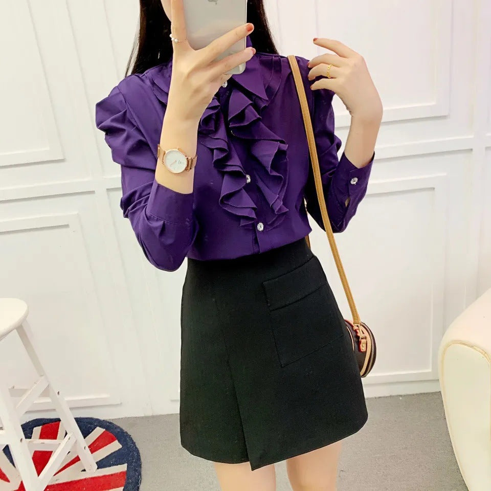 Ruffled Thin Puff Sleeve Loose Shirt