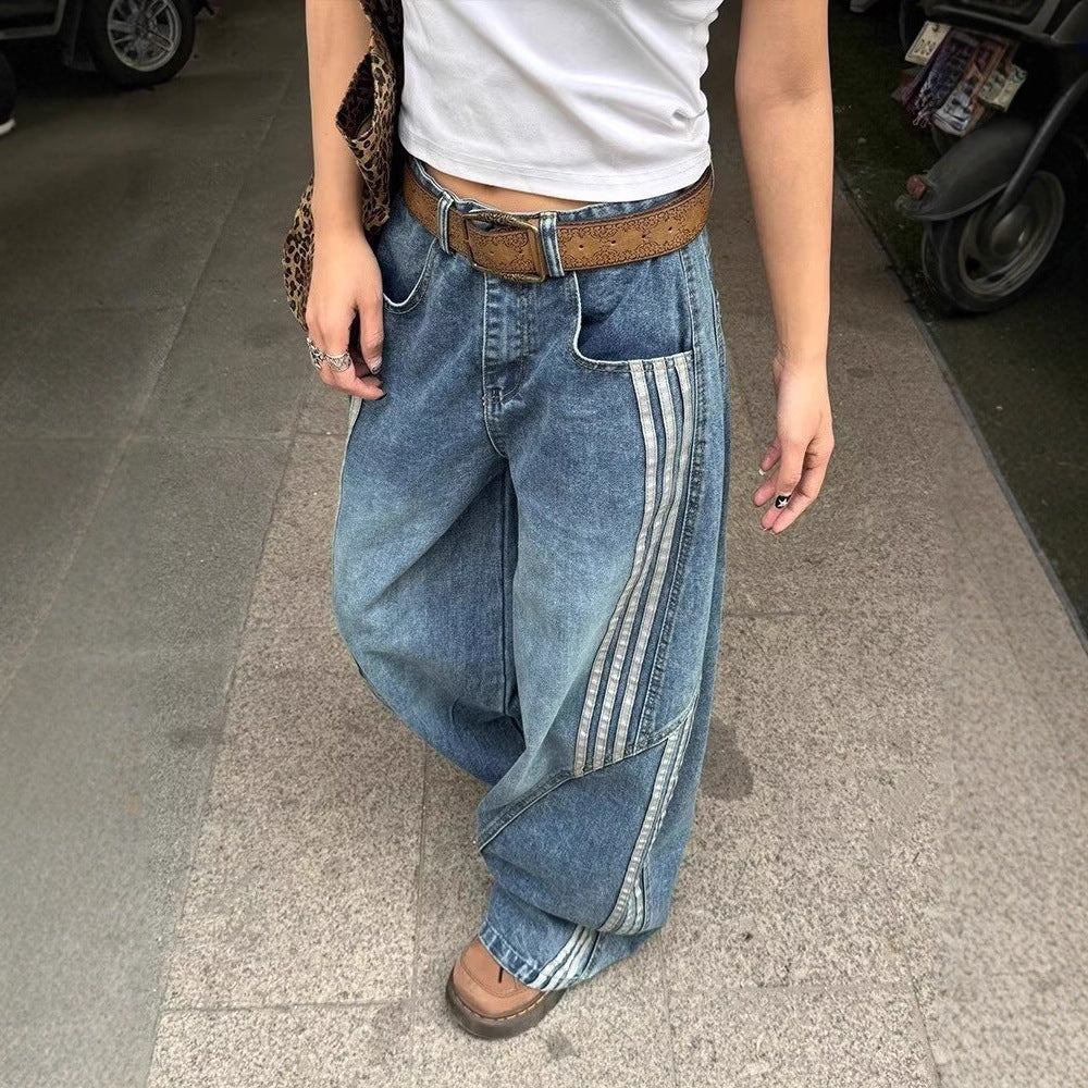 American-style Retro Streetwear Hip-hop Striped Denim Wide-leg Pants