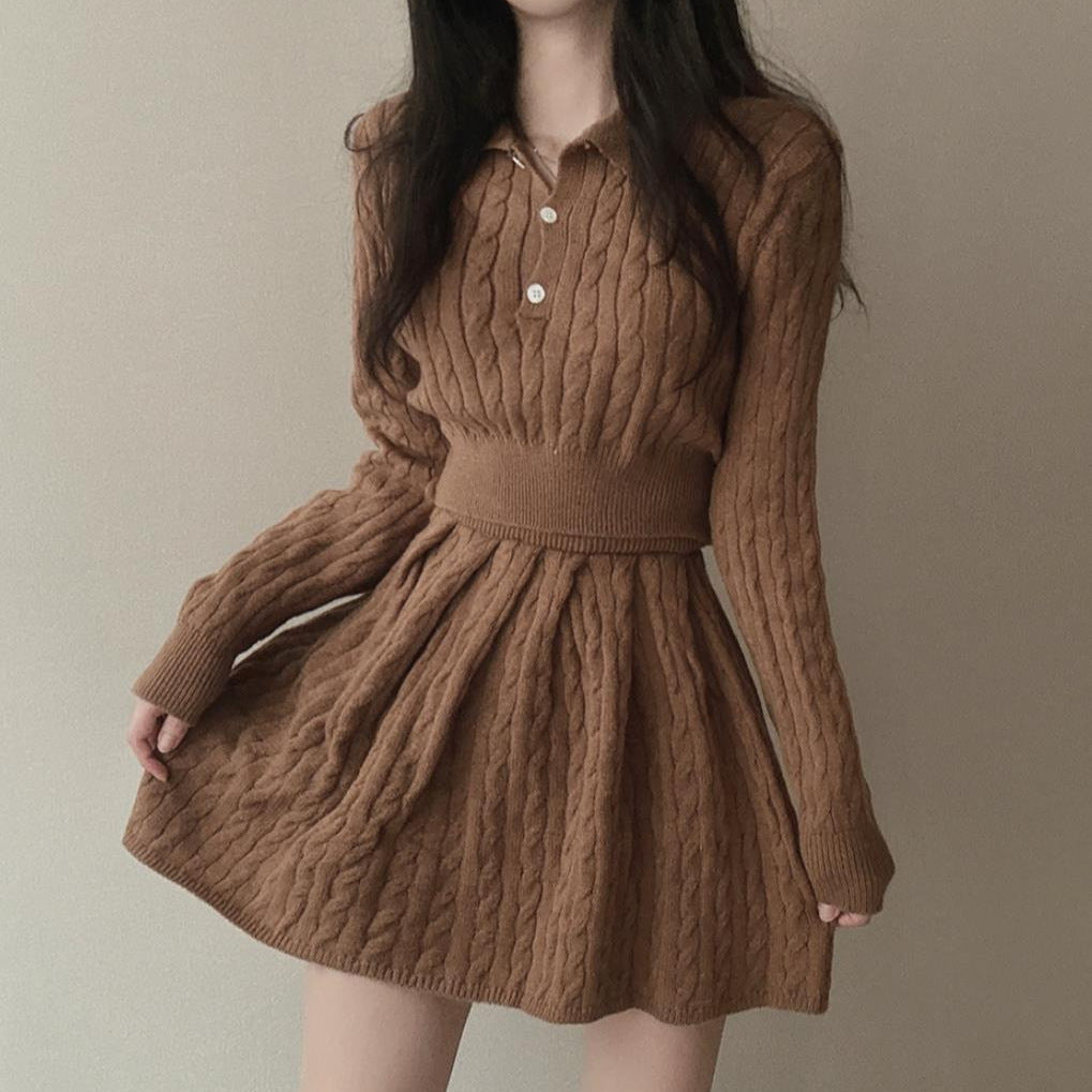 Cute Knitted Sweater Pleated Skirt Slimming Slim Fit Suit