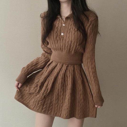 Cute Knitted Sweater Pleated Skirt Slimming Slim Fit Suit
