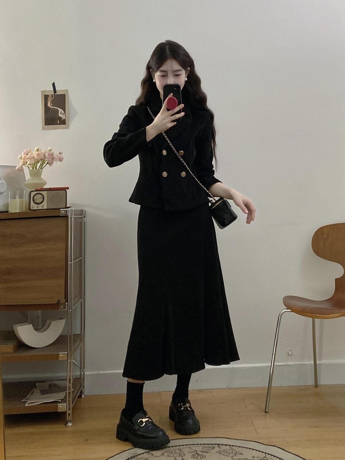 Corduroy Waist-Cinched Jacket And Fishtail Skirt Two-Piece Set For Women