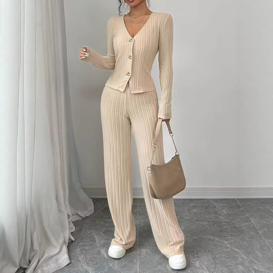 Casual Chic Ribbed Long Sleeve Wide Leg Pants Set