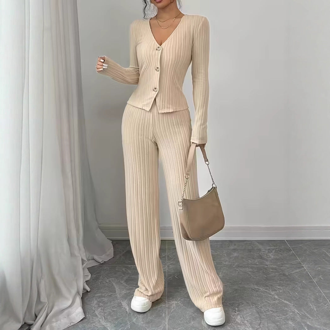 Casual Chic Ribbed Long Sleeve Wide Leg Pants Set