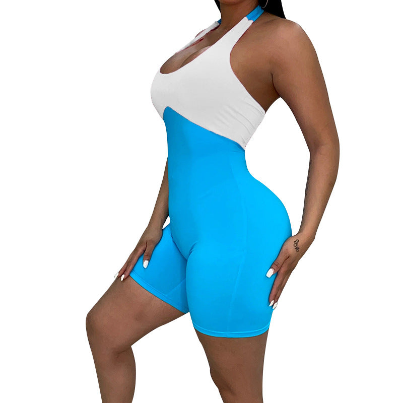 Women's Contrast Color Halter One-piece Shorts