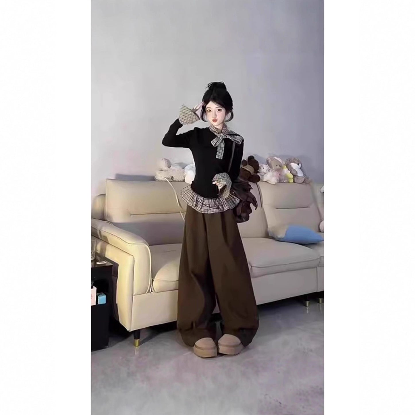 Women's Autumn Fake Two-Piece Spliced Black Base Shirt Long Sleeve T-Shirt