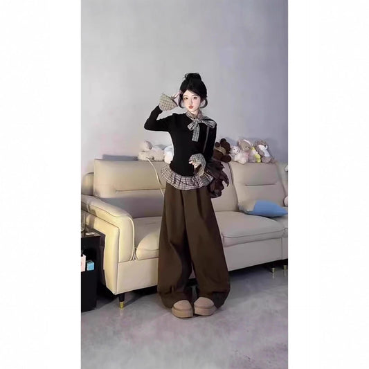 Women's Autumn Fake Two-Piece Spliced Black Base Shirt Long Sleeve T-Shirt
