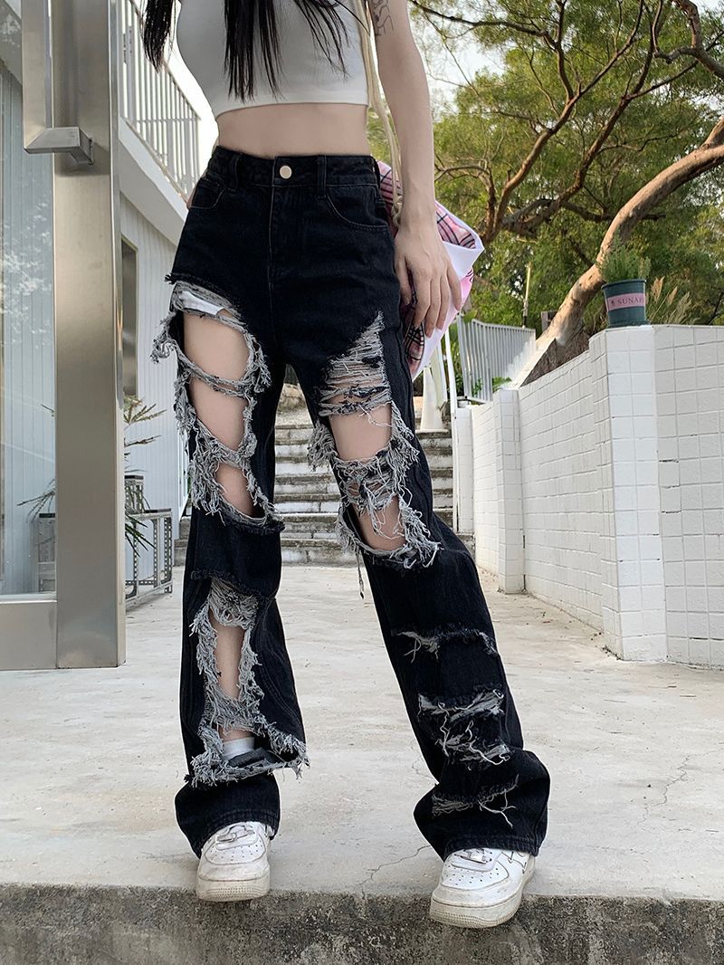New Fried Street Fashion Cool Raw Hem High Waist Straight Mopping Pants