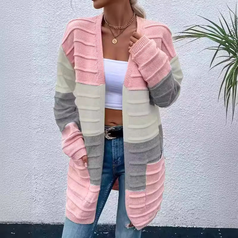 Amazon AliExpress Sweater Women's Fashion Jacket With Big Pockets Autumn And Winter Long Striped Color Matching Cardigan
