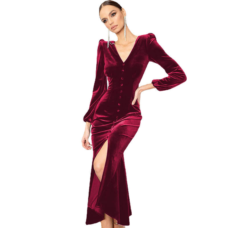 Knitted V-neck Padded-shoulder Long-sleeve Dress
