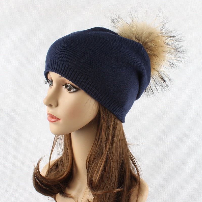 Raccoon Fur Ball Knitted Women's Solid Color Wool Pullover
