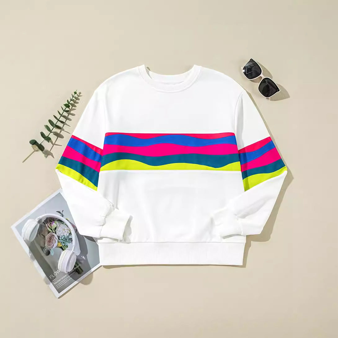 Casual Loose All-match Drop-shoulder Color Striped Round Neck T-shirt