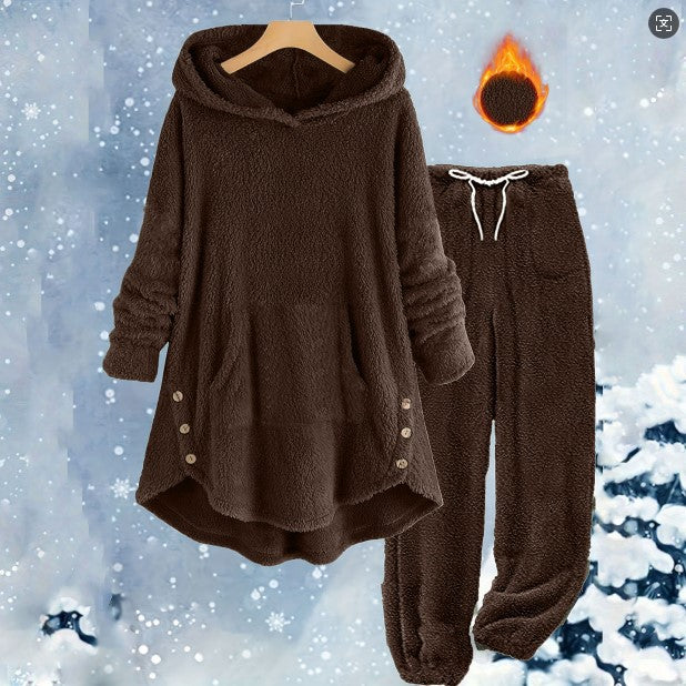 New AutumnWinter European And American-style Casual Womens Solid-color Plush Hooded Long-sleeve Pants