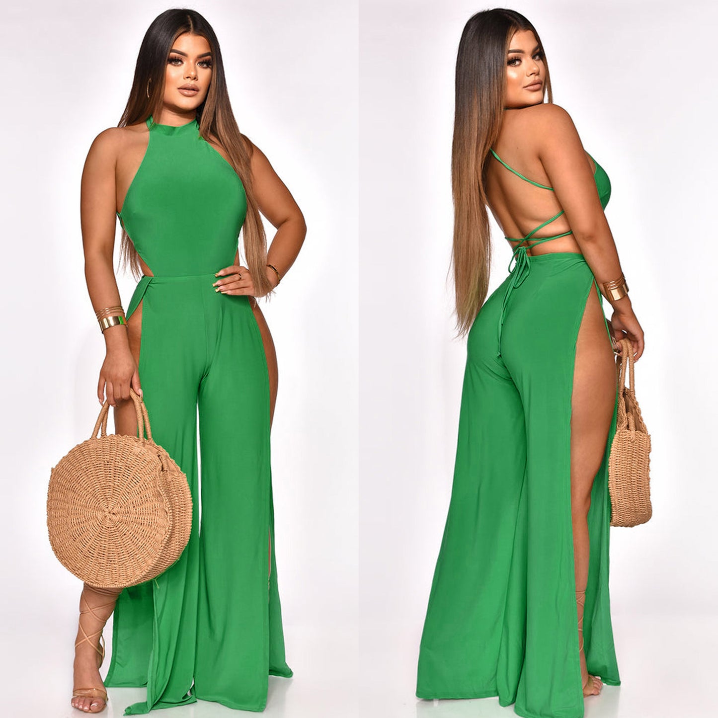Lace-up Back Jumpsuit Split Leg Casual Trousers Women