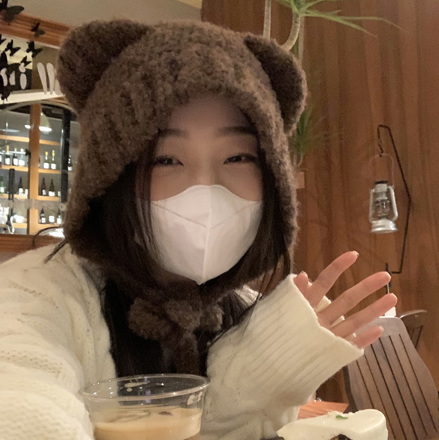Women's Lace-up Cute Bear Ears Plush Hat