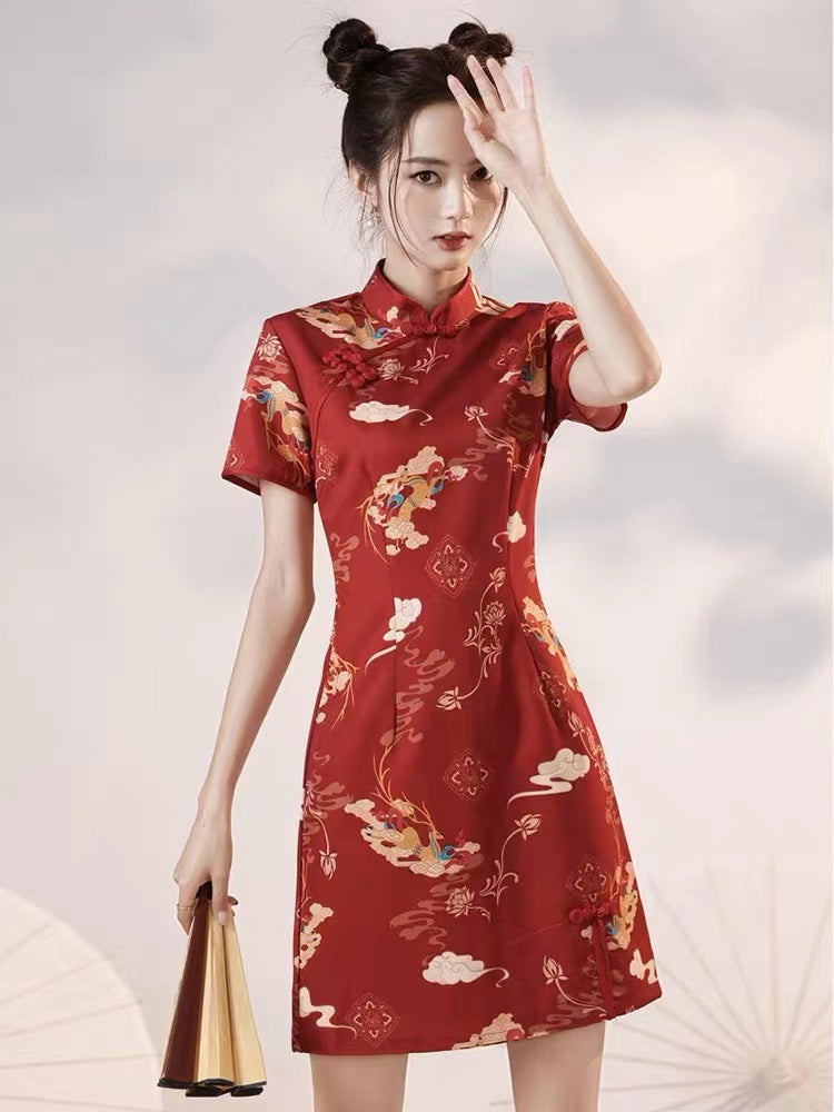 Womens Casual Retro Red Printed Dress