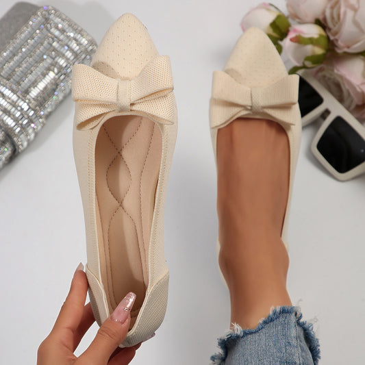 Pointed Knitted Bow Shallow Mouth Pumps Women's Western Style With Skirt Flat