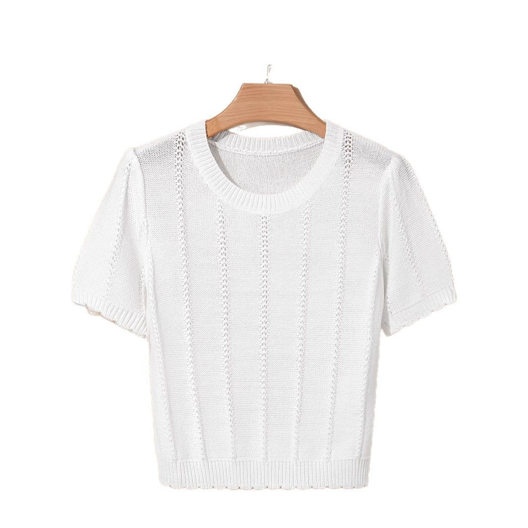 Stylish French-style Crew-neck Mesh Hollow-out Knit Short-sleeve Top