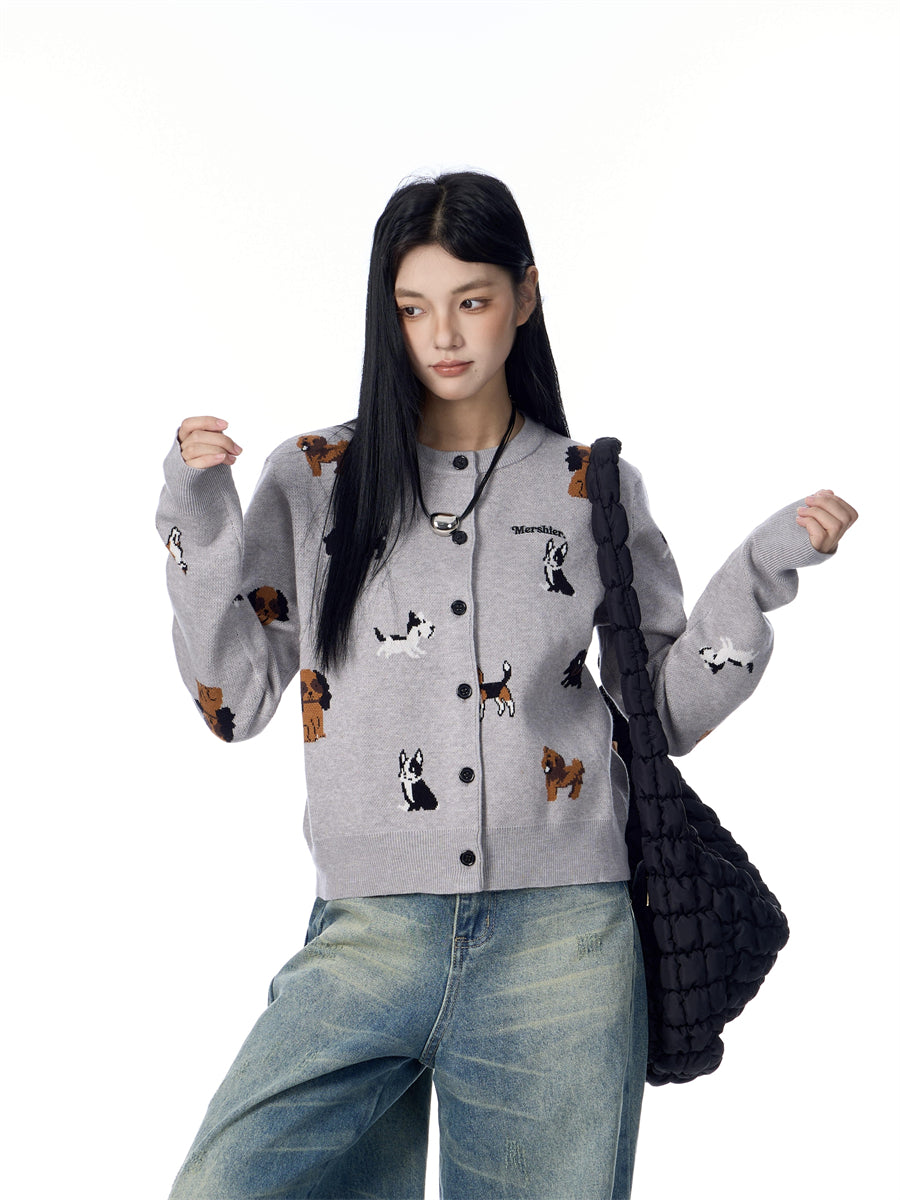 American Retro Gray Puppy Cardigan Sweater