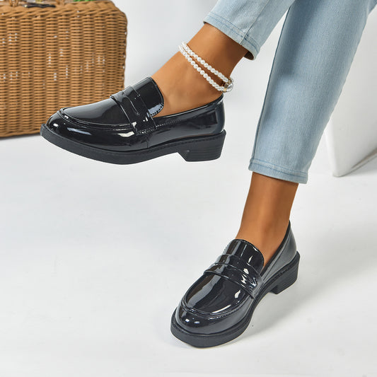 Retro Square Toe Platform Height-increasing Leather Shoes Women's Uniform Shoes