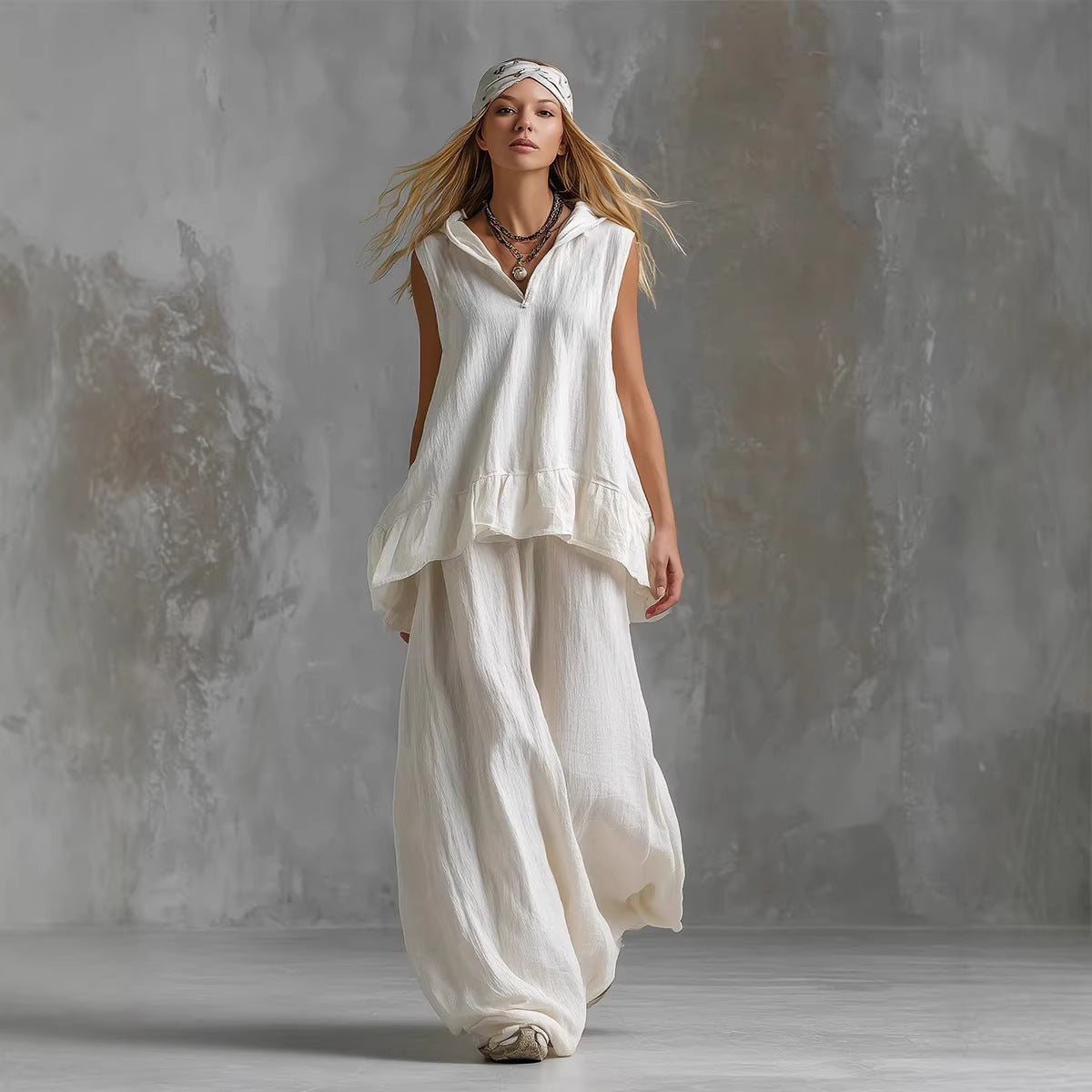 Casual Sleeveless Top And Fashionable Wide-Leg Pants Two-Piece Set