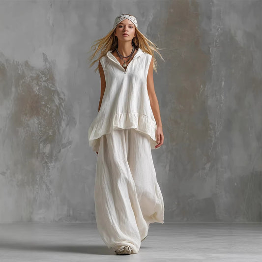 Casual Sleeveless Top And Fashionable Wide-Leg Pants Two-Piece Set
