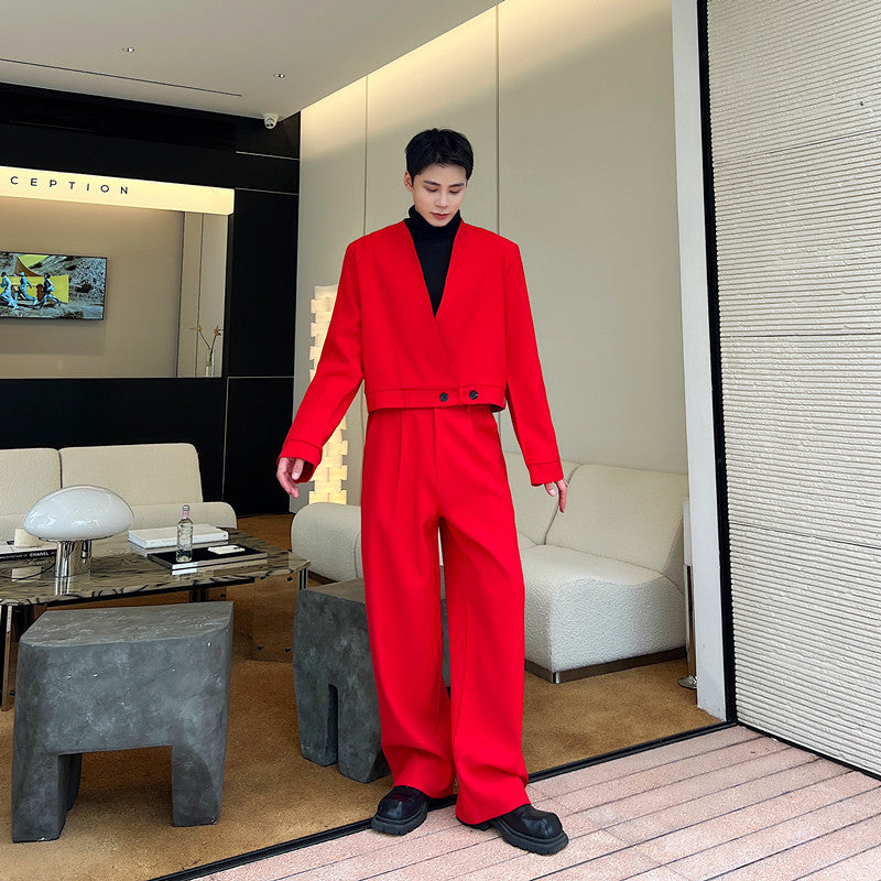 Straight Loose Casual Pants Men's Trendy Retro Chinese Red Suit