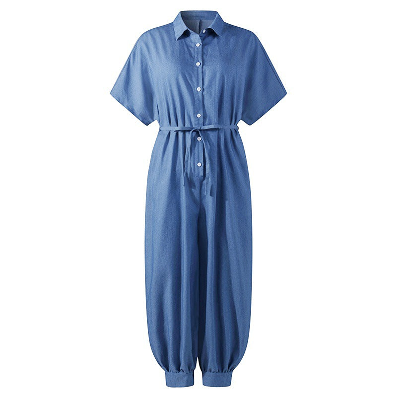 Solid Color Plus Size Casual Short Sleeve Denim Jumpsuit