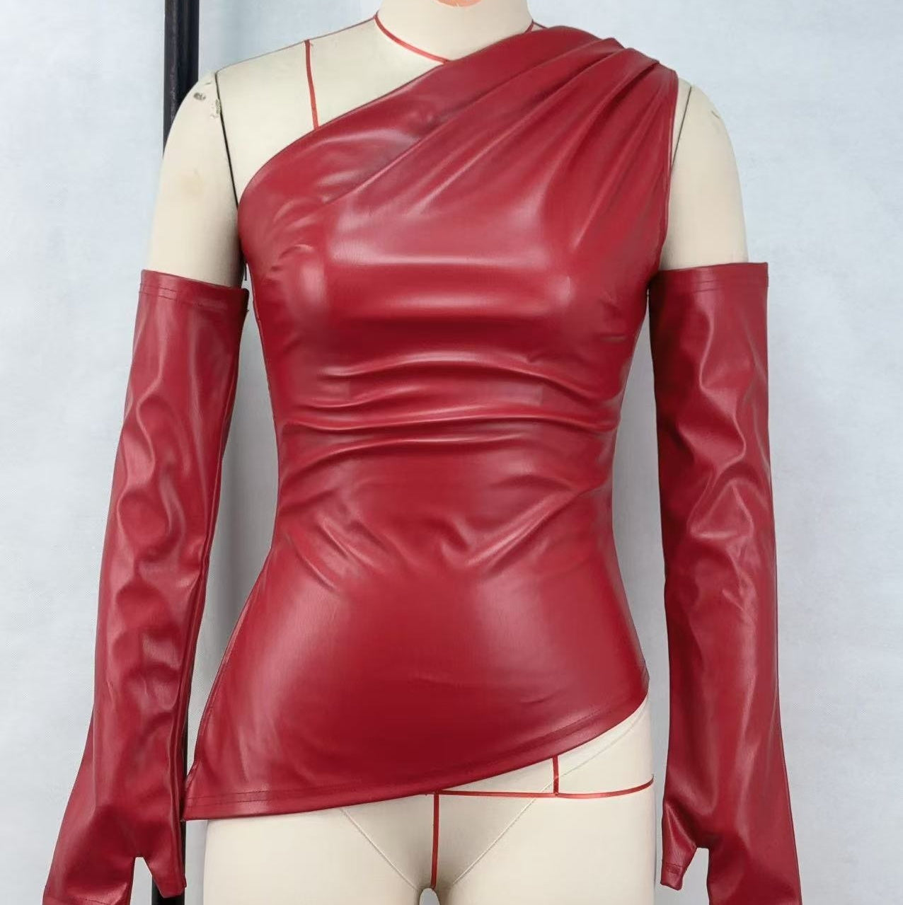 Women's Sleeveless Slant Collar PU Leather Vest With Sleeve Cover Top Set