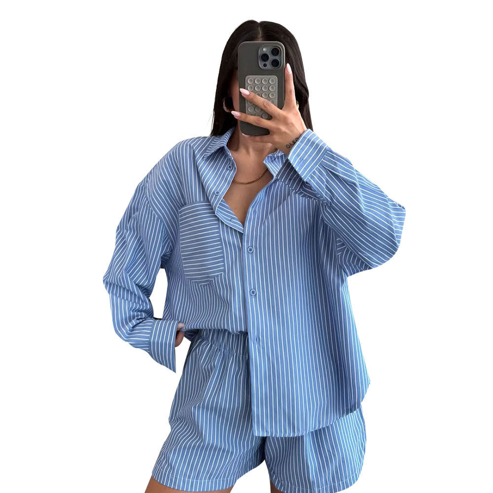 Striped Cardigan And Long-Sleeve Womens Shirt Set