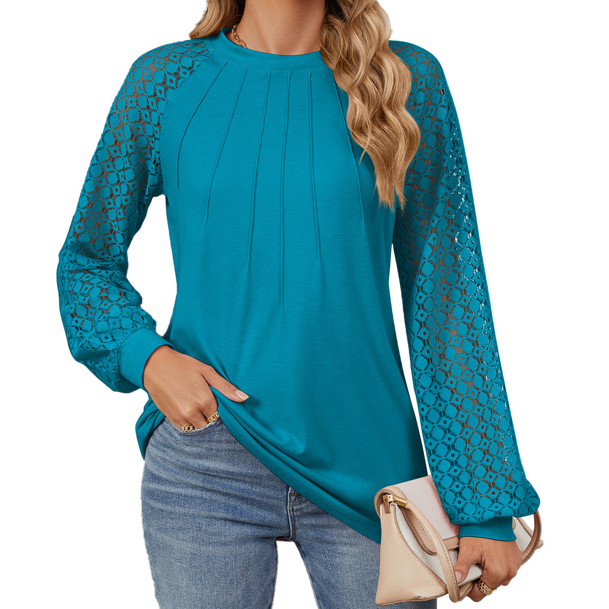 Ny blondelangærmet T-shirt med rund hals, moderigtig løs ensfarvet pullover-top til dametøj