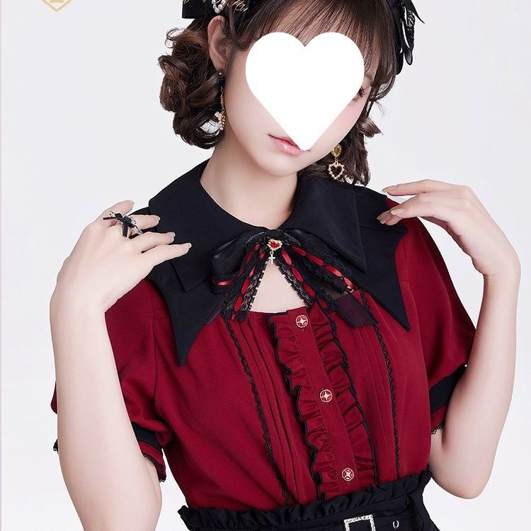 Send Bow Blood-sucking Ji Japanese Style Lace Hollow Bat Collar Short Sleeve Long Sleeve Shirt Two-color