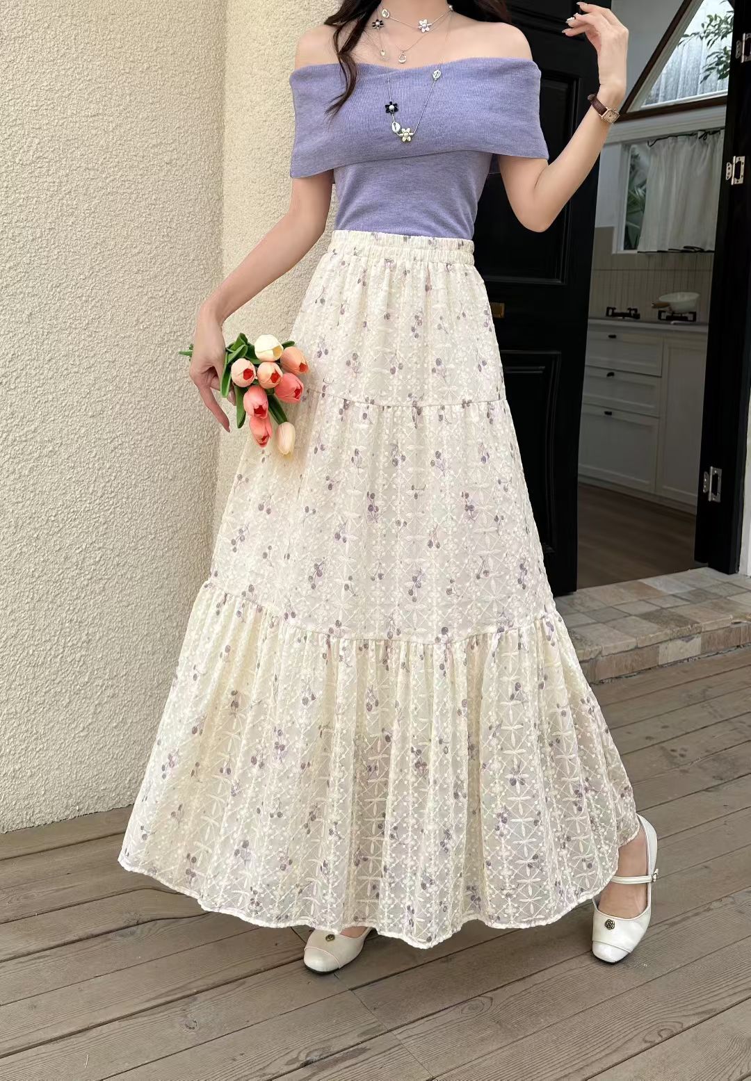 Thin Highwaisted Flattering Floral Midi Skirt For Women