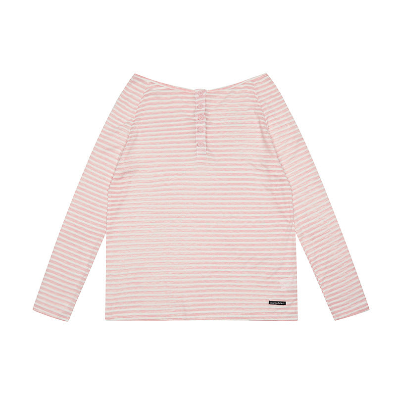 Striped Long Sleeve T-shirt Women Boat Neck Loose Thin Sunshade Cover
