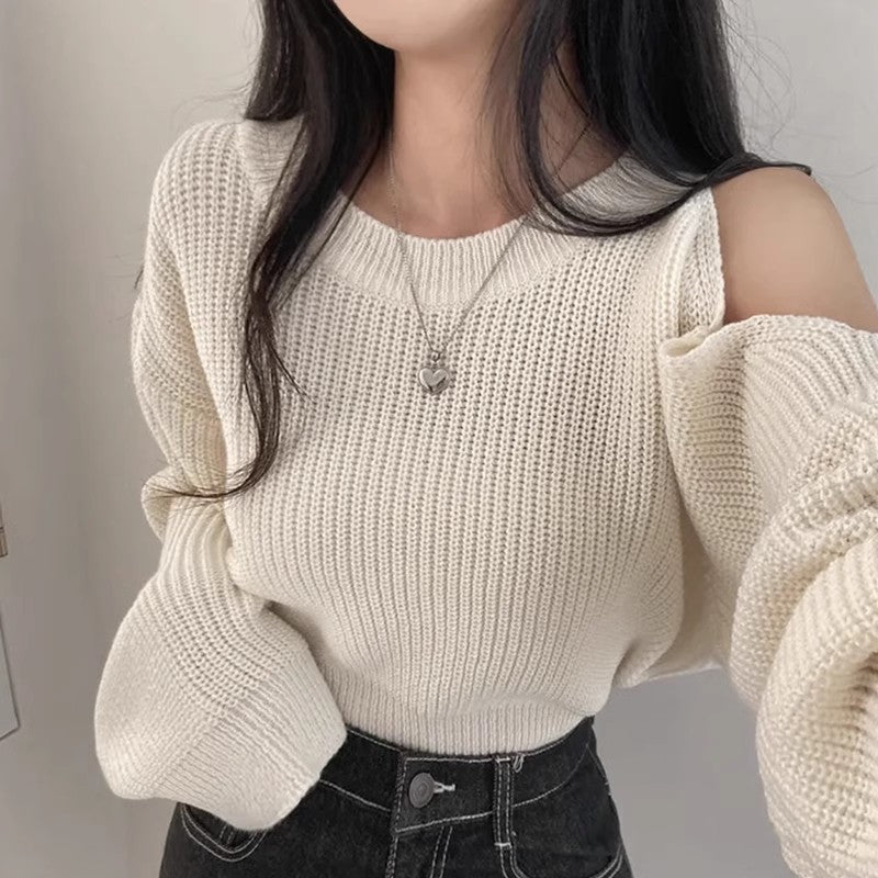 Dignified Hollow Off-the-shoulder Loose-fitting Long Sleeve Sweater