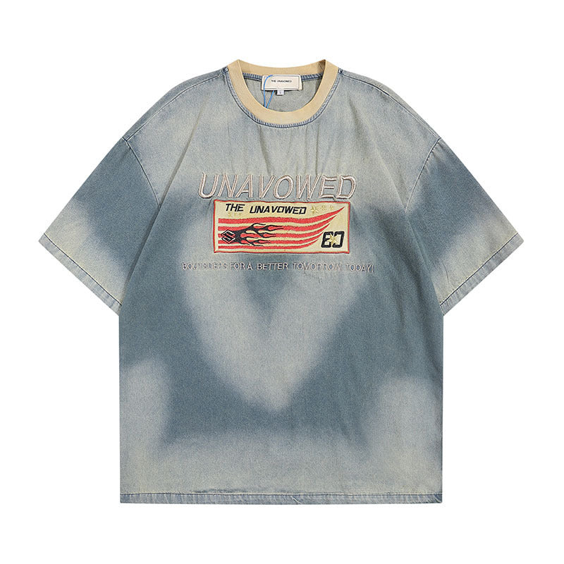TKPA Original American Retro Street Letter Embroidery Denim Short Sleeve