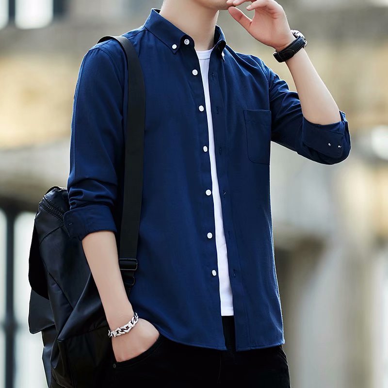 Oxford-cloth Casual Slim-fit Solid-color Shirt For Men