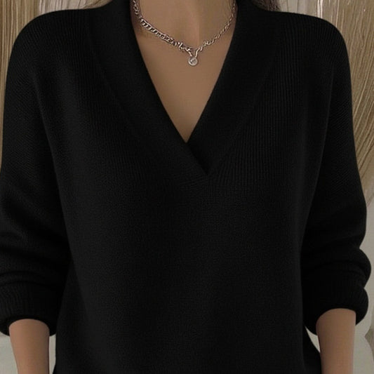 Elegant Soft V-neck Long Sleeve Women's Sweater Knitted Loose Sweater Autumn And Winter New Solid Color Casual Fashion Women's Knitted Sweater
