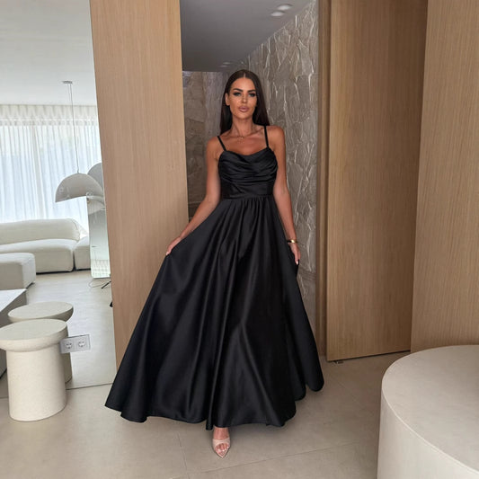 Summer Off-shoulder Solid-color Pleated Split Slip Dress