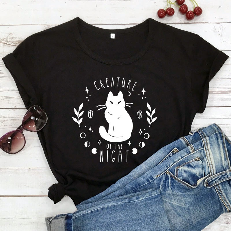 Women's Black Cat Alphabet Print T-Shirt