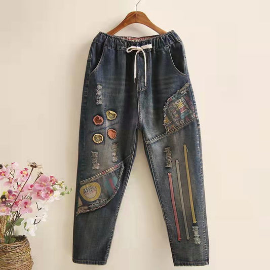 Ethnic Style Embroidered Retro Elastic Waist Jeans
