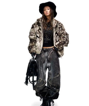Totem-embroidered Snake-pattern Feathered Eco-friendly Faux Fur Coat