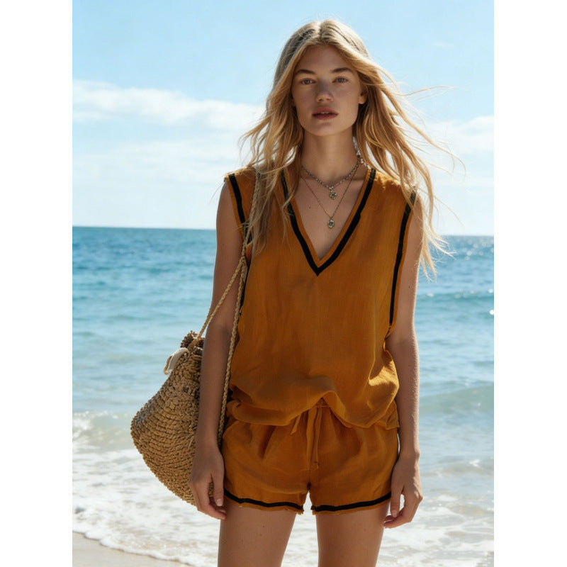 Women's V-neck Vest And Shorts Two-Piece Set