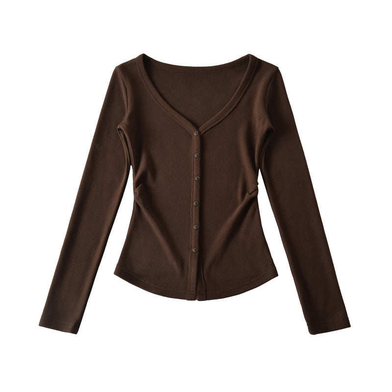 Macaron-colored V-neck Button-front Waist-cinching Top With Long Sleeves