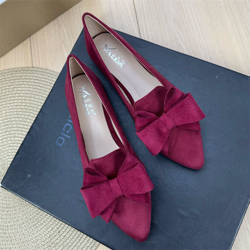 Women's Versatile Solid Color Bow Pointed Flat Shoes