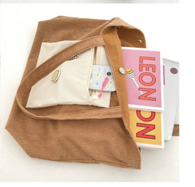 Corduroy Contrast Color Large Capacity Casual Shoulder Bag