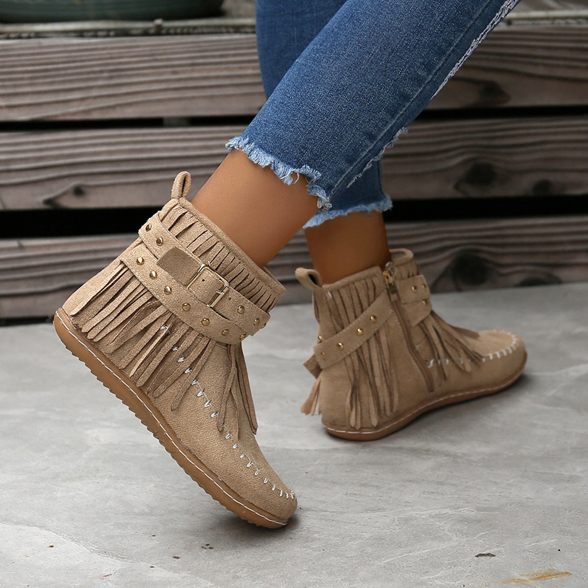 Rivet Flat Tassel Autumn And Winter Short Round Toe Suede Martin Boots