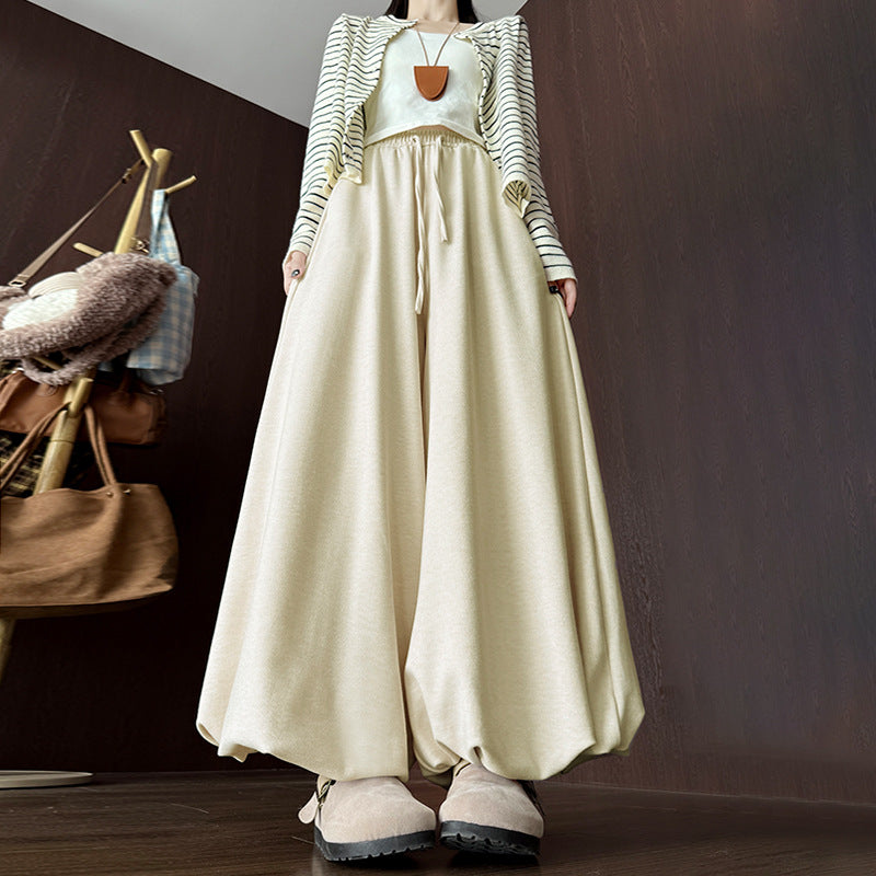 Womens High-Waisted Fleece-Lined Solid-Color Lamb Wool Bloomer Culottes